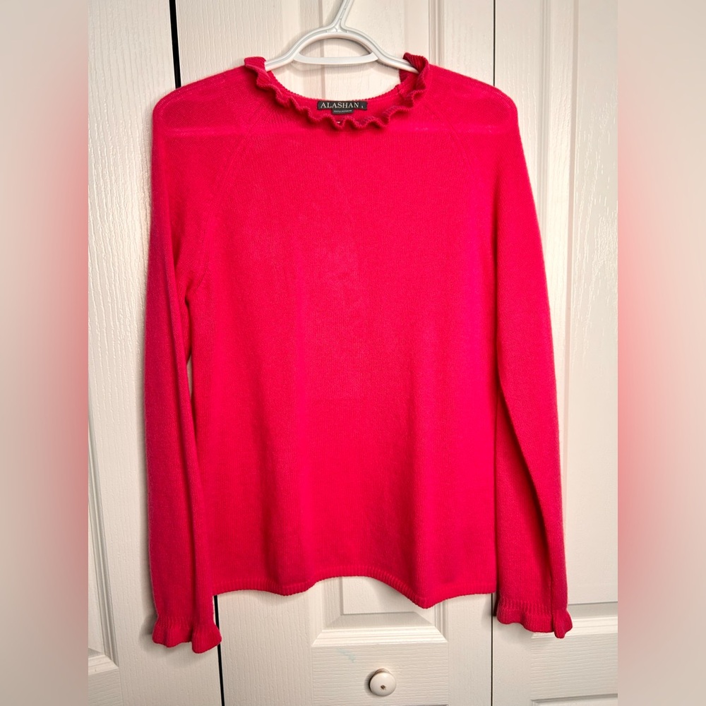 Alashan Women’s Cashmere Grace Ruffle Trim‎ Ladies Large Glam Pink Sweater